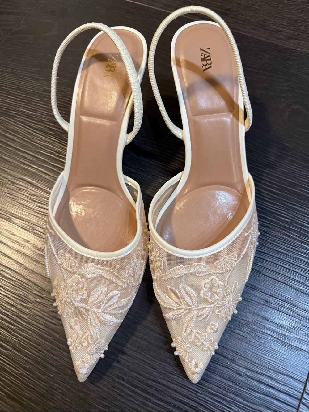 Zara Cream Embroidered Pointed Toe Slingback Flats